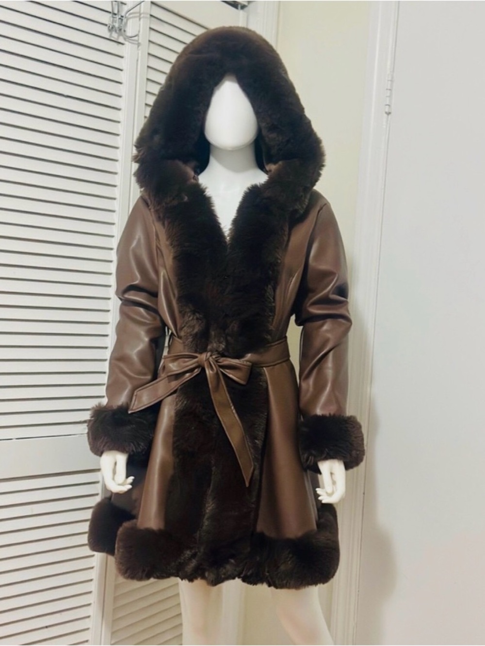 Women's Brown Faux-Leather Trench Coat with Plush Hooded Trim